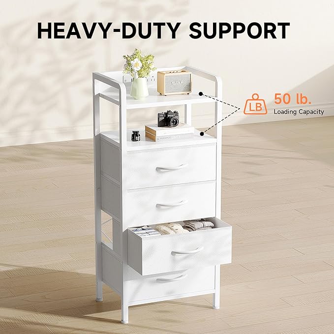 Night Stand Bedside Charger Bedroom - Nightstand with Charging Station, 2 U-S-B Ports & 2 AC Outlets, Tall Bed Side Table with LED Light Strip, Storage Shelf & 4 Fabric Drawers, White