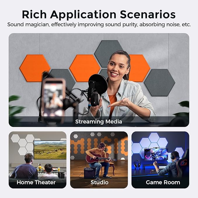 Self-Adhesive Acoustic Panels [390 lbs/yd³ Ultra-High Density], 2nd Generation Sound Absorbing Panel, Professional Level Sound Panel, Polyester Soundproof Foam [Size L, Orange & Moon Grey]