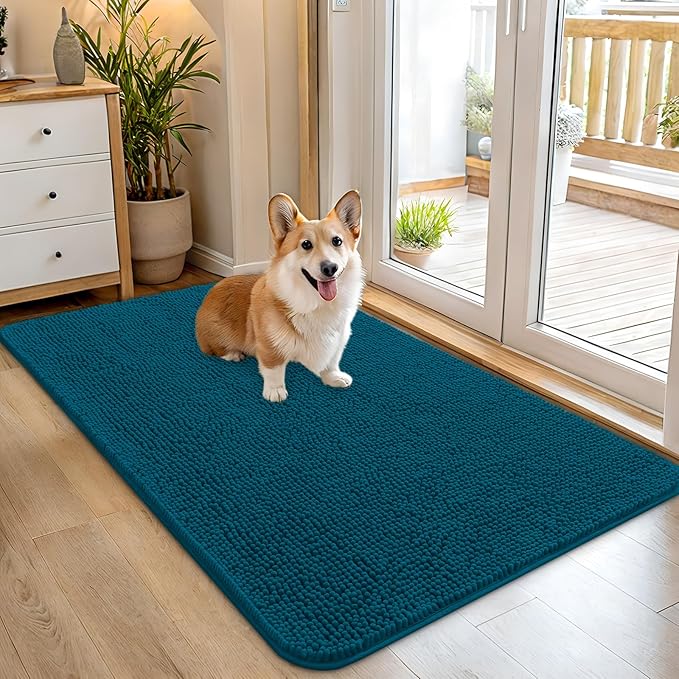 OLANLY Dog Door Mat for Muddy Paws 45x27, Absorbs Moisture and Dirt, Absorbent Non-Slip Washable Doormat, Quick Dry Chenille Mud Mat, Entry Indoor Entryway Carpet for Inside Floor, Atlantic Blue