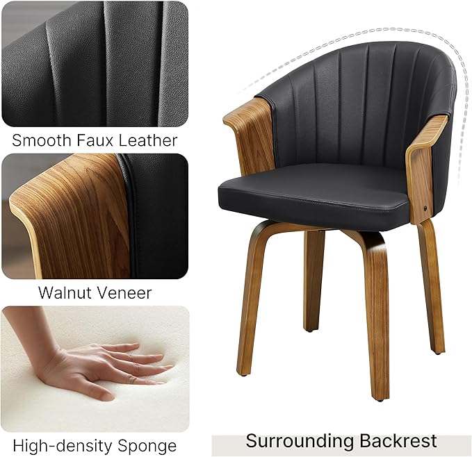 Art Leon Desk Chair No Wheels, Mid Century Modern Swivel Accent Chair, Faux Leather Home Office Desk Chair with Wood Legs for Living Room Bedroom Study, Black/Walnut