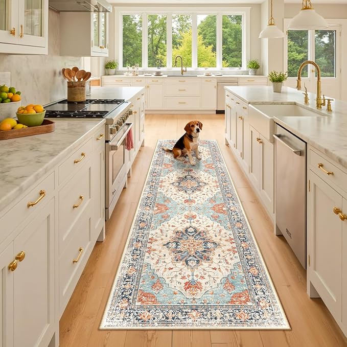 Area Rugs 2'6''x8' Washable Non-Slip, Floral Vintage Distress Print Pattern Medallion Carpet for Living Room Bedroom Dining Room, Beige Navy Blue Orange Colorful
