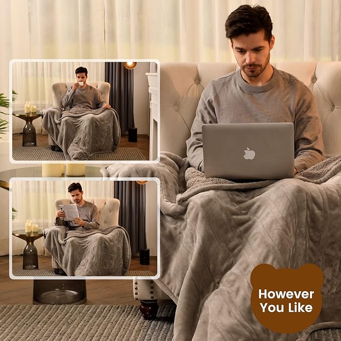 Bearhug Electric Throw Blanket 50" x 60", Reversible Velvet & Sherpa Heated Throw, 6 Heating Levels & 4H Auto Off, Over-Heat Protect, ETL Certification, Machine Washable