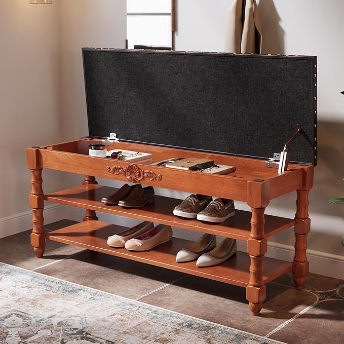 39-inch End of Bed Bench, Faux Leather Tufted Storage Bench with Lift Top Seat and 2 Tier Storage Shelves, Bedroom Bench Footrest Stool with Hidden Storage and Wood Leg, Vintage Style