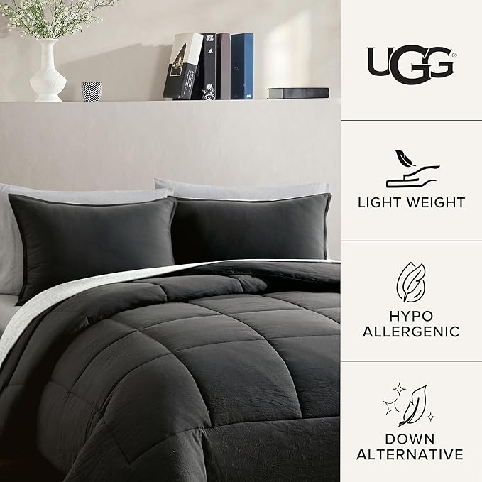 UGG King Size Comforter Set with 2 Pillow Shams Lightweight Down Alternative Comforter King Size Blanket Reversible Cozy Warm All Season Washable Hypoallergenic Bedding Set, Charcoal Grey (Leonora)