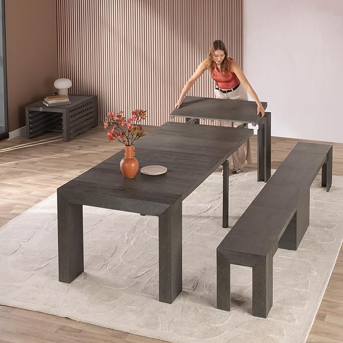 Transformer Table - Solid Wood Extendable Dining Table, Seats 2-12, Extendable Dining Room Table, Space-Saving Furniture, Expandable Dining Furniture (Dark Grey, Table + Bench + Coffee Table)