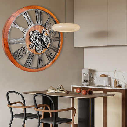 The B-Style 36" Large Moving Gear Wall Clock Oversized Vintage Farmhouse Wall Clocks for Living Room Decor Rustic Industrial Wood Clock (Brwon with Bronze Gears)