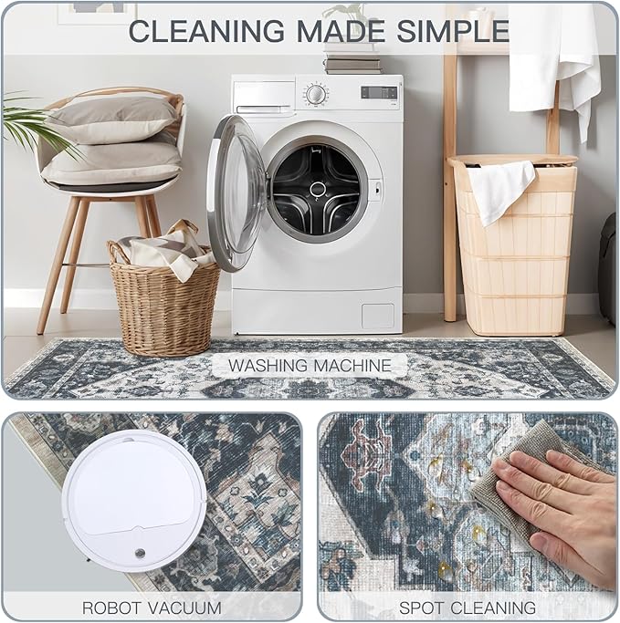 6x9 Vintage Washable Area Rug for Living Room,Low Pile Non Slip Carpet Non-Shedding Area Rug Soft Indoor Stain Resistant Rug Floral Print Mat for Bedroom Dining Room Blue Beige