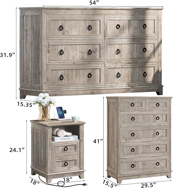 Bedroom Dresser and Nightstand Sets 4 Piece, Farmhouse 6 Drawers Dresser & 40.5" Tall Chest of Drawers,18" Nightstands with Charging Station,54" Wide Furniture Dressers for Bedroom,Living Room