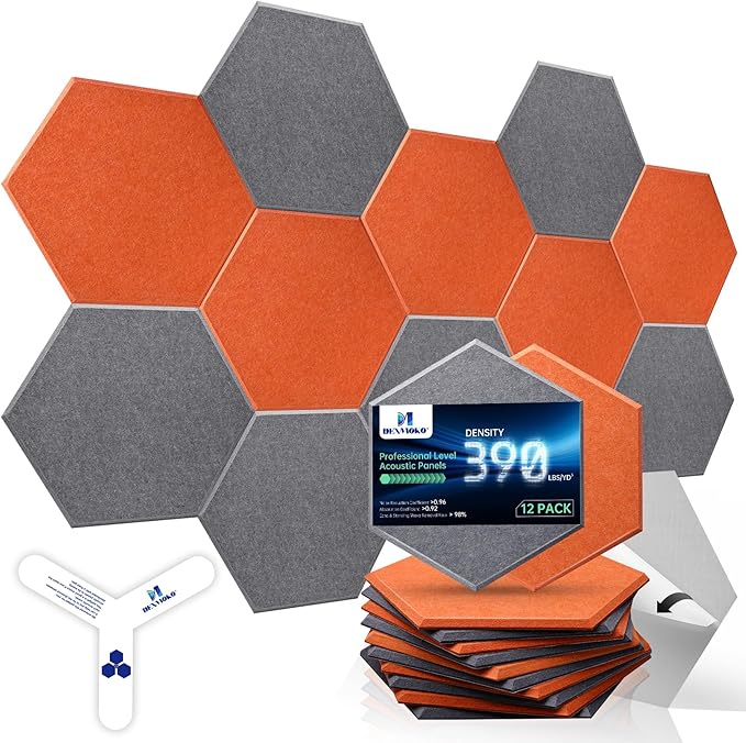 Self-Adhesive Acoustic Panels [390 lbs/yd³ Ultra-High Density], 2nd Generation Sound Absorbing Panel, Professional Level Sound Panel, Polyester Soundproof Foam [Size M, Orange & Moon Grey]