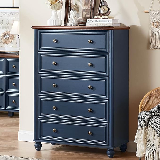 5 Drawers Chest of Drawers Dresser for Bedroom, Wood 45" Tall Dresser Storage Dressers Organizer, Farmhouse Rustic Closet for Living Room, Hallway Entryway