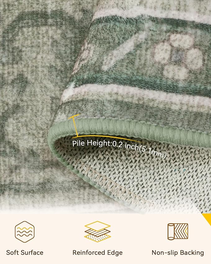 Area Rugs Square 8ft Washable Non-Slip, Floral Vintage Distress Print Pattern Medallion Carpet for Living Room Bedroom Dining Room, Dark Green Gray
