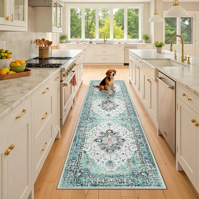 Area Rugs 2'x8' Washable Non-Slip, Floral Vintage Distress Print Pattern Medallion Carpet for Living Room Bedroom Dining Room, Green Navy Blue White Red Teal Colorful