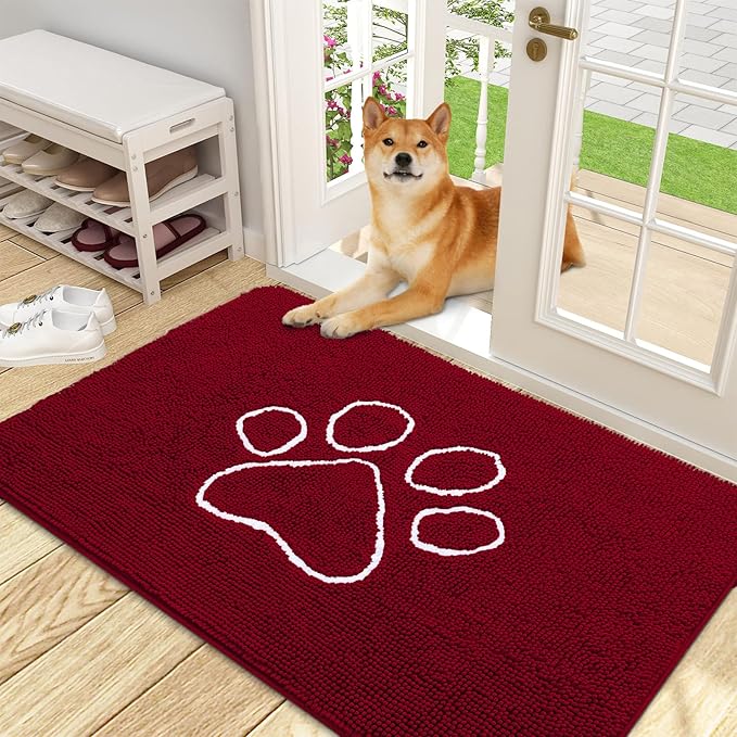 OLANLY Dog Door Mat for Muddy Paws 48x30, Paw Print Design, Absorbs Moisture and Dirt, Absorbent Non-Slip Washable Doormat, Quick Dry Chenille Mud Mat for Dogs, Entry Indoor Entryway Carpet, Red