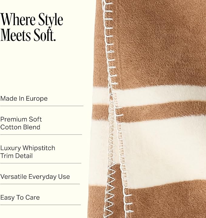 Preston Lane Highrise Throw Blanket – 50" x 70", Premium Cotton-Blend, Soft and Fluffy Throw for Couch, Bed, or Living Room, Cozy and Warm, Made in Portugal, Camel
