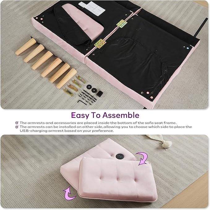 TYBOATLE 65" W Velvet Modern Convertible Folding Futon Couch Sofa Bed w/ 2 USB Charging Ports and arms, Loveseat for Compact Living Space, Dorm, Game Studio, Bonus Room, Apartment, Bedroom (Pink)