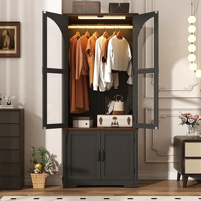 Tall Farmhouse 2 Doors Armoire Wardrobe Closet with LED ,72" Freestanding Arched Wardrobe Closet Cabinet for Bedroom w Glass Doors,Wooden Clothing Storage Cabinet,Closets for Bedroom(Black)