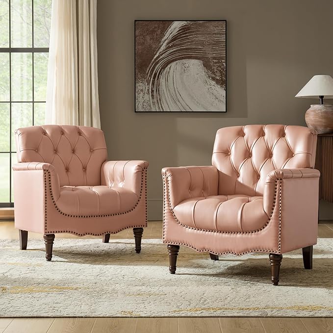 HULALA HOME Mid Century Modern Leather Club Chairs Set of 2, Top-Grain Genuine Leather Armchairs with Button-Tufted Back & Solid Wood Legs, Accent Chairs for Living Room/Bedroom/Home Office, Pink