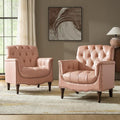 HULALA HOME Mid Century Modern Leather Club Chairs Set of 2, Top-Grain Genuine Leather Armchairs with Button-Tufted Back & Solid Wood Legs, Accent Chairs for Living Room/Bedroom/Home Office, Pink