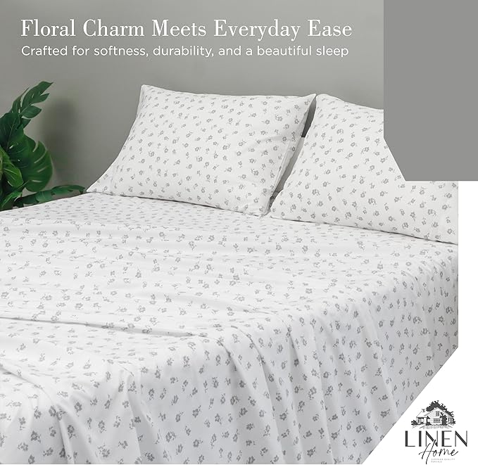 Linen Home 100% Cotton Printed Percale Sheets King Size, Deep Pocket, 4 Pieces Set - 1 Flat, 1 Deep Pocket Fitted Sheet and 2 Pillowcases, Crisp Cool and Strong Bed Linen, Grey Silhouette Floral