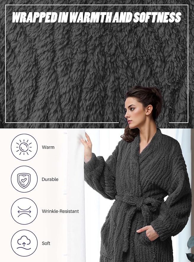 Artfasion Womens Long Fleece Robe - Warm Soft Floor Length Flannel Bathrobes for Winter Thicker Long House Coat with Pockets