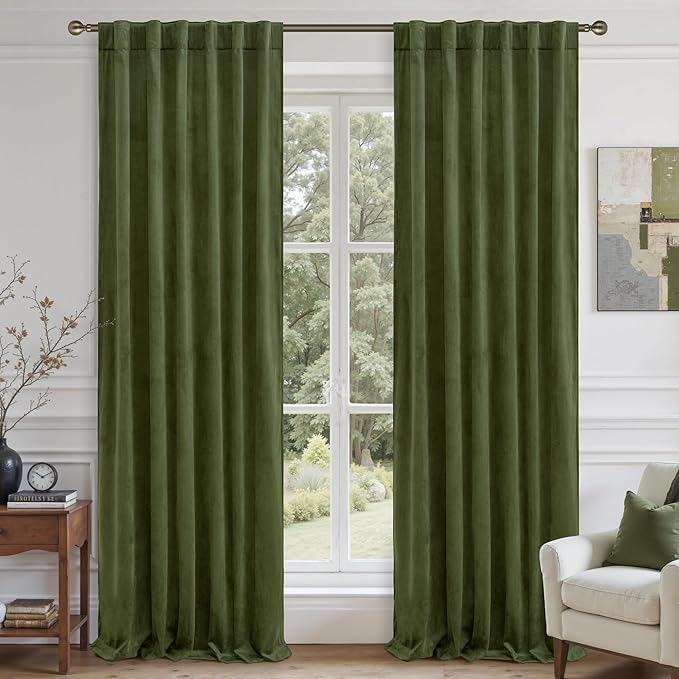 LAMIT Velvet Curtains 102 Inches Long for Living Room, Sage Green Thermal Insulated Soundproof Panels Room Darkeing Back Tab and Rod Pocket Drapes for Bedroom/French Country, 2 Panels, 52 x 102 Inch