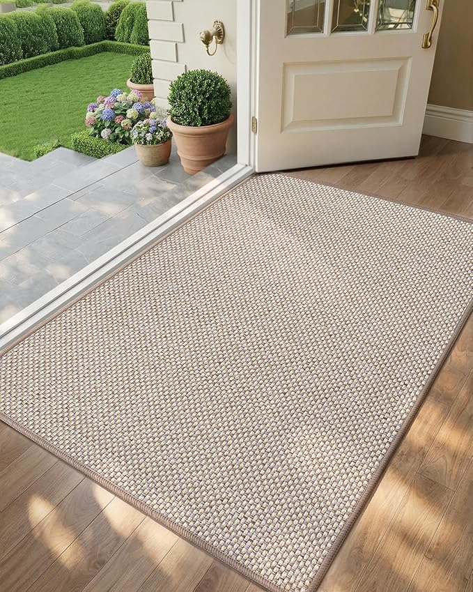 Color&Geometry Ultra-Thin Indoor Door Mat, 36"x56" Low-Profile Non-Slip Entryway Rug with Modern Geometric Texture, Washable Doormat for Indoor Entrance, Front Door, Khaki (Rolled-up NO Creases)