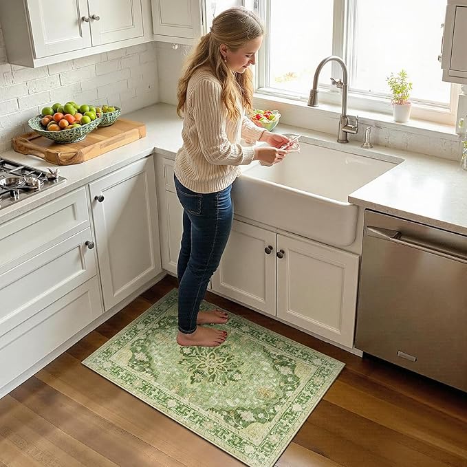 Area Rugs 2'x3' Washable Non-Slip, Floral Vintage Distress Print Pattern Medallion Carpet for Living Room Bedroom Dining Room, Sage Green Yellow