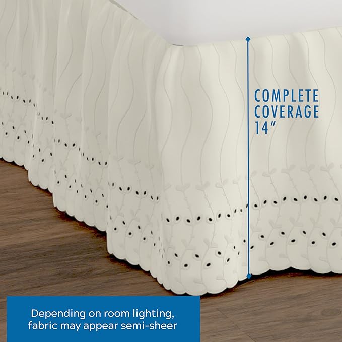 Fresh Ideas Eyelet Bed Skirt, Ruffled Design, 14 Inch Drop, Embroidered Scalloped Edge, Full, Ivory