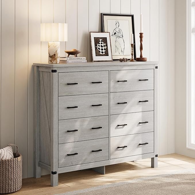 LINSY HOME Farmhouse 8 Drawer Double Dresser for Bedroom, 50” Wide Rustic Wood Chest with Deep Drawers, Modern Dressers with Storage and Metal Handles for Closet, Living Room, Hallway, Wash Grey