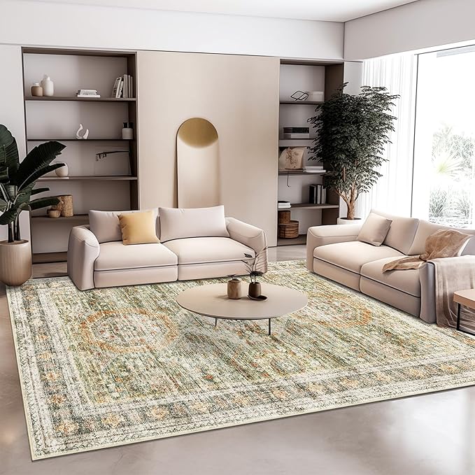 5x7 Area Rugs Green Orange Low Pile Indoor Washable Trendy Faded Style Rugs for Bedroom Living Room Dining Room Foldable Non-Slip Thin Print Mat