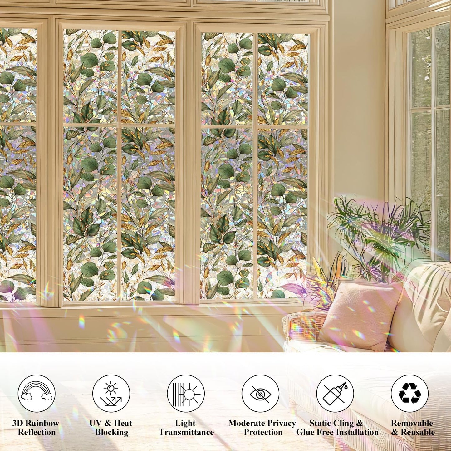 Rainbow Window Privacy Film with Tools, 3D Stained Glass Window Film, Spring & Autumn Leaves, 16.93" x 118.11"(43X300CM)