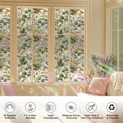 Rainbow Window Privacy Film with Tools, 3D Stained Glass Window Film, Spring & Autumn Leaves, 16.93" x 157.48"(43X400CM)