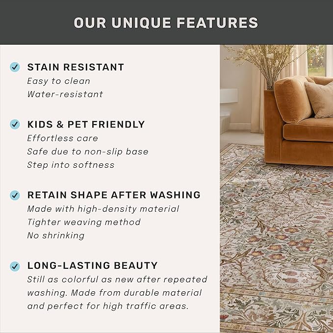 Moss Green Washable 2x3 Entry Rug - Front Door Rugs Indoor, Vintage Floral Style Small Rug for Kitchen, Bathroom, Non-Slip Boho Vintage Dark Taupe Entryway Décor