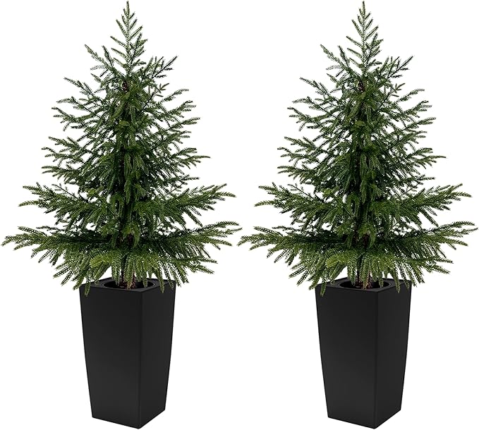 2 Pack 4FT Artificial Norfolk Pine Trees, Real Feel Faux Christmas Tree with Square Black Pot, Pet Safe PPC Material, Indoor Outdoor Plants for Front Porch, Living Room Decor
