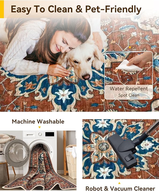 Area Rugs Round 8ft Washable Non-Slip, Floral Vintage Distress Print Pattern Medallion Carpet for Living Room Bedroom Dining Room, Red Orange Blue Brown
