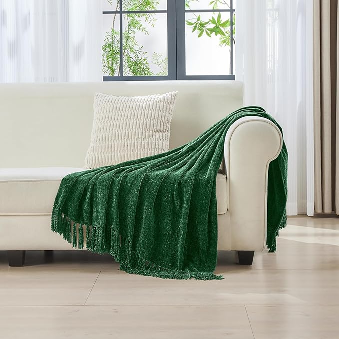 CozeCube Chenille Throw Blanket for Couch, Cozy Plush Fuzzy Decorative Christmas Green Blanket with Fringe Tassels, Lightweight Throws for Bed Sofa Gift Home Decor, 50"X60"