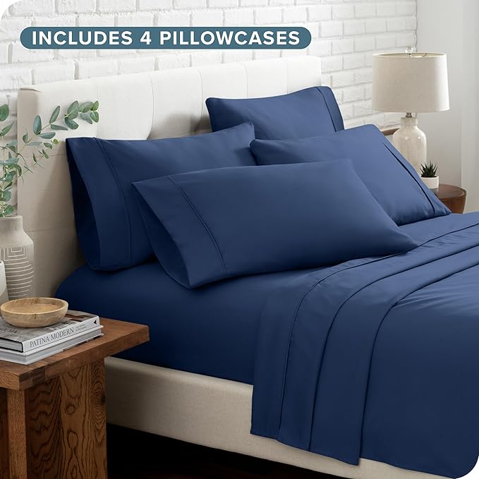 Bare Home Hotel Luxury Full Sheet Set, Extra Soft - 6 Piece Set - Deep Pockets - Easy Fit - Cooling & Breathable - Wrinkle, Fade, Stain Resistant - Includes 4 Pillowcases (Full, Dark Blue)