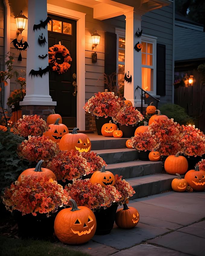 Artificial Mums Outdoor Fake Fall Flowers Decorations for Home,16 Bundles Silk Faux Mum Plants Look Real UV Resistant for Outside,Autumn Decor for Porch,Patio,Front Yard & Planters,Thanksgiving