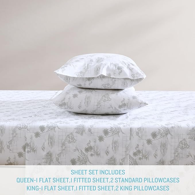 Tommy Bahama - King Size Sheets Set, Crisp & Tailored Cooling Sheets with a Smooth Cotton Percale Lightweight Feel - Bed Sheets with Matching Pillowcases & Fitted Sheet (Vintage Map Grey)