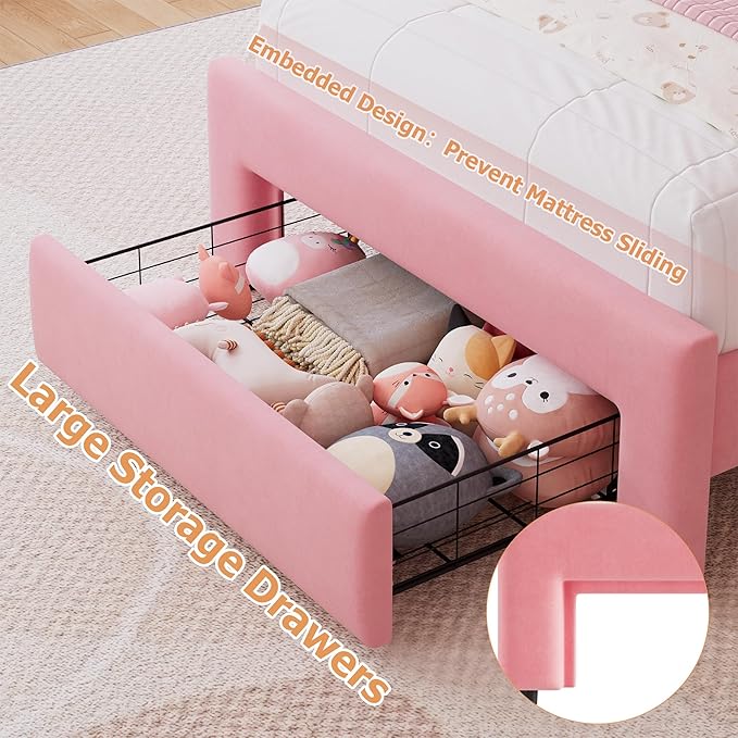 Velvet Upholstered Twin LED Bed Frame with Storage Drawer and Adjustable Chic Double Wavy Headboard, Princess Platform Bed for Girls/Kids, Solid Wood Slats Support, No Box Spring Needed, Pink