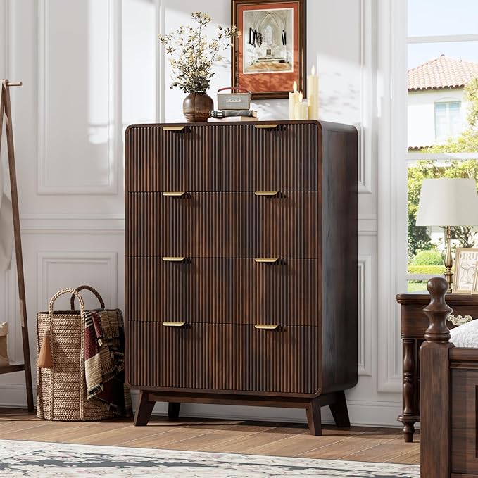 QUW Fluted Dresser for Bedroom with 5 Drawers, Modern 40.2" Tall Drawer Dressers with Metal Handle, Wooden Chest of Dresser for Living Room, Hallway, Dark Walnut