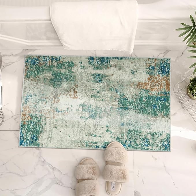 Lahome Modern Abstract Area Rug - 2x3 Small Entryway Rug Washable Rugs for Kitchen Non-Slip Soft Front Indoor Doormat Low Pile, Accent Throw Carpet for Bathroom Laundry Floor Mats,Green/Grey