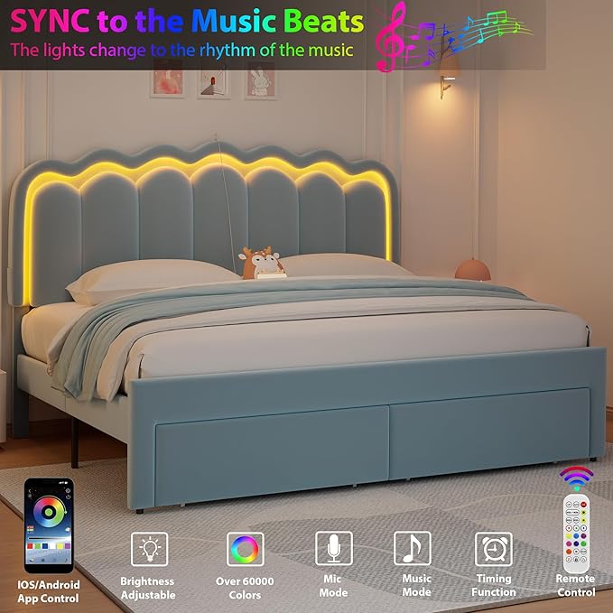 Velvet Upholstered King LED Bed Frame with 2 Storage Drawers and Adjustable Chic Double Wavy Headboard, Princess Platform Bed with Charing Station, Solid Wood Slats Support,No Box Spring Needed,Blue