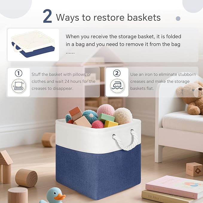 Cube Storage Baskets, 6 Pack 11x11 inch with Cotton Handles for Closet, Shelves, Clothes, Towel (White/Navy Blue)