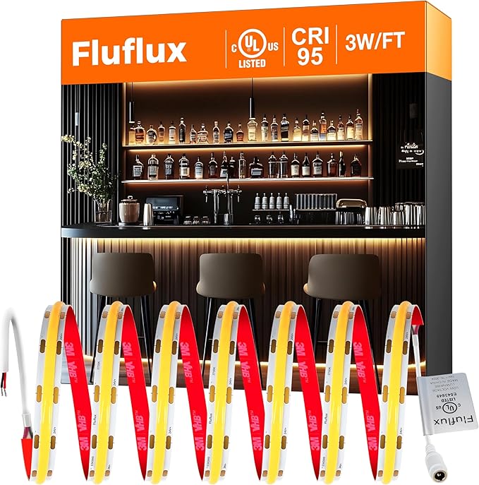 COB LED Strip Lights 2700K, 24V DC Tape Light with Strong 3M VHB Tape, CRI 95, UL Listed, Cuttable, Dimmable, 3W/FT for Bars, Restaurants, Hallways, Cozy Ambiance (NO Power Supply)
