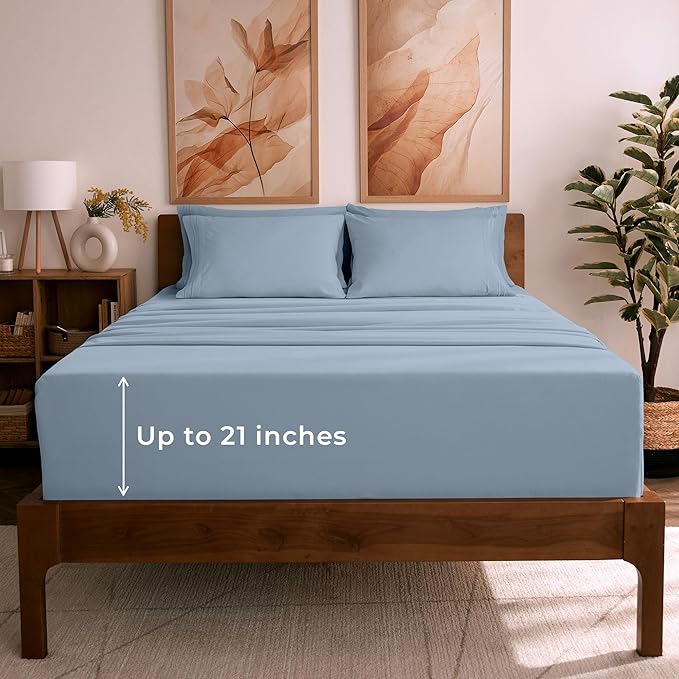 Mellanni Full Sheet Set - 6-Piece Iconic Collection Bedding, (Including 4 Pillowcases), 21-Inch Extra Deep Pocket, Easy Care, Ultra Soft, Cooling Sheets, Brushed Microfiber - Blue Hydrangea