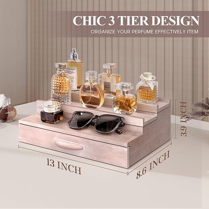 EOSAHR Decorative Cologne Organizer with Storage Drawer - 3 Tier Cologne Holder with Hidden Compartment - Perfume Stand Organizer for Dresser and Room Decor (Natural)