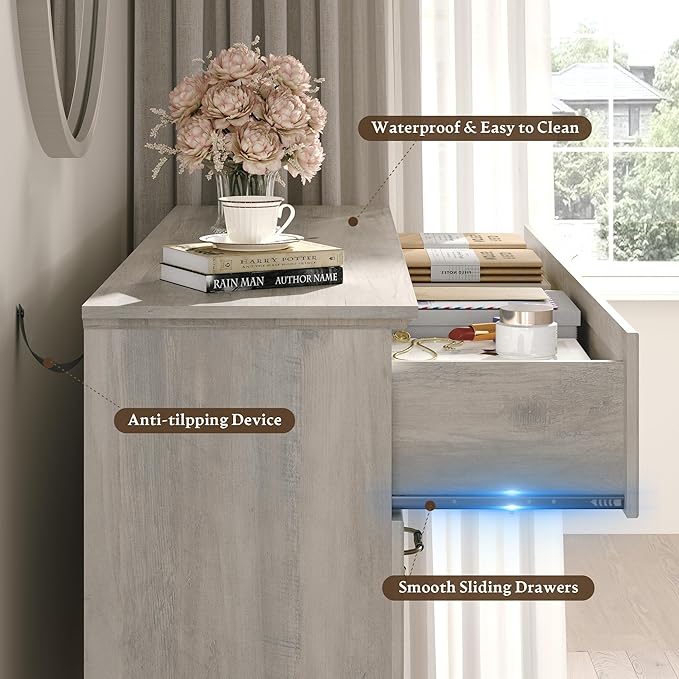 Farmhouse 6 Drawers Dresser for Bedroom, 54" Wide Modern Chest of Drawers with Deep Drawers & Bar Handles, Rustic Wood Dresser TV Stand, Wooden Closet Storage Organizer for Living Room, Hallway, Grey