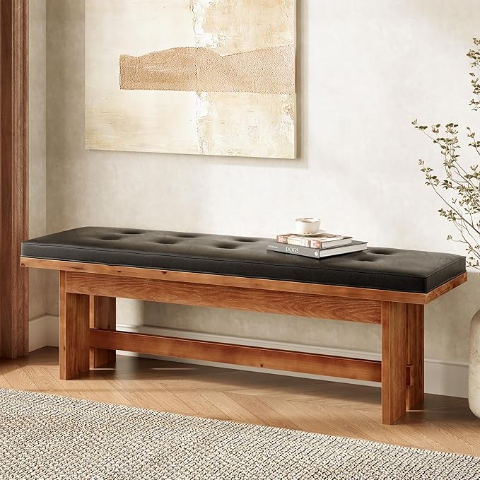Solid Wood Bench with Cushion, 55" Upholstered Entryway Bench with Thickened Legs, Button-Tufted Shoe Bench Seat, Vintage Indoor End of Bed Bench for Bedroom, Living Dining Room, Hallway, Dark Walnut