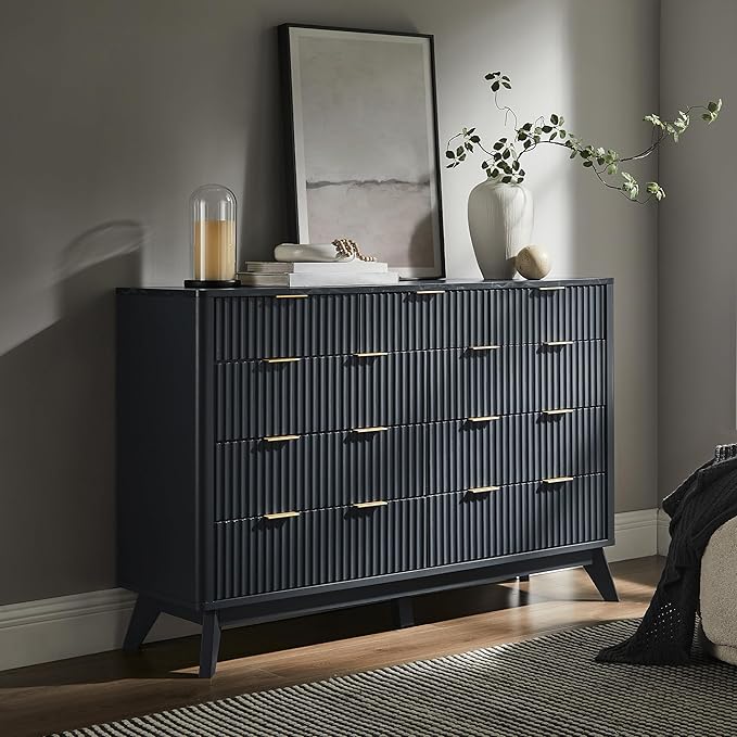T4TREAM Fluted 9 Drawers Dresser, 54" Wide Modern Chest of Drawers with Faux Marble Top, Curved Profile Design, Dresser TV Stand, Wood Drawer Organizer for Bedroom, Living Room, Hallway, Dark Grey